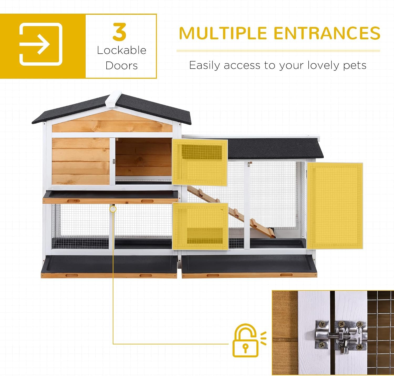 PawHut 62" Rabbit Hutch, Wooden Bunny Hutch, Guinea Pig Cage, Small Animal Enclosure with Run Area, Removable Tray, Asphalt Roof, Lockable Doors and Ramp, Nature Wood | Wooden Bunny Hutch, Guinea Pig Cage, Small Animal Enclosure, Removable Tray, Asphalt Roof, Lockable Doors, Ramp for Ducks - Image 3