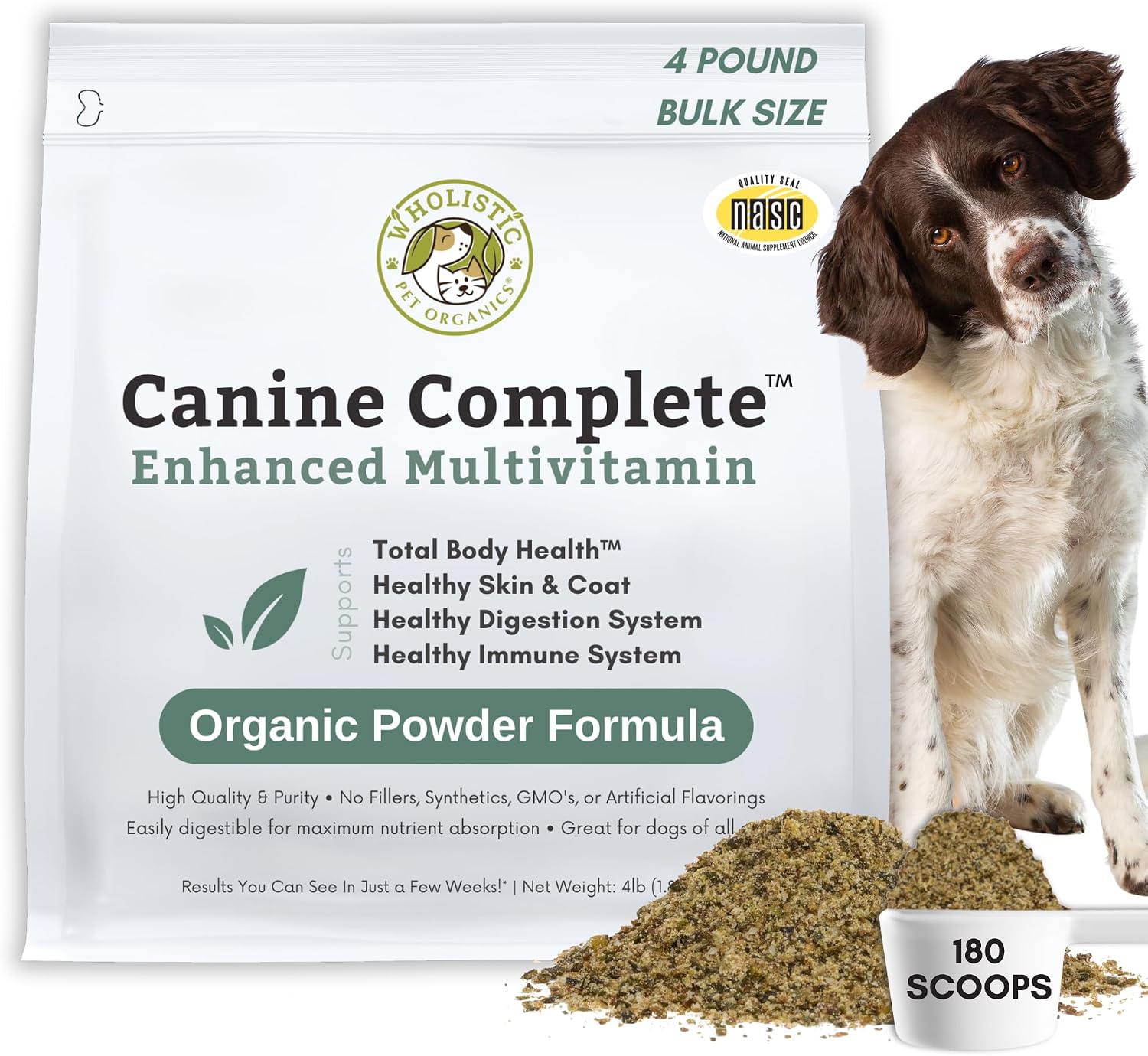 Organic Dog Vitamins - 4 Lb - 180 Scoops | Daily Dog Multivitamin with Prebiotics, Probiotics for Immune Support, Skin Coat, Digestion, & Joint Health - Canine Complete