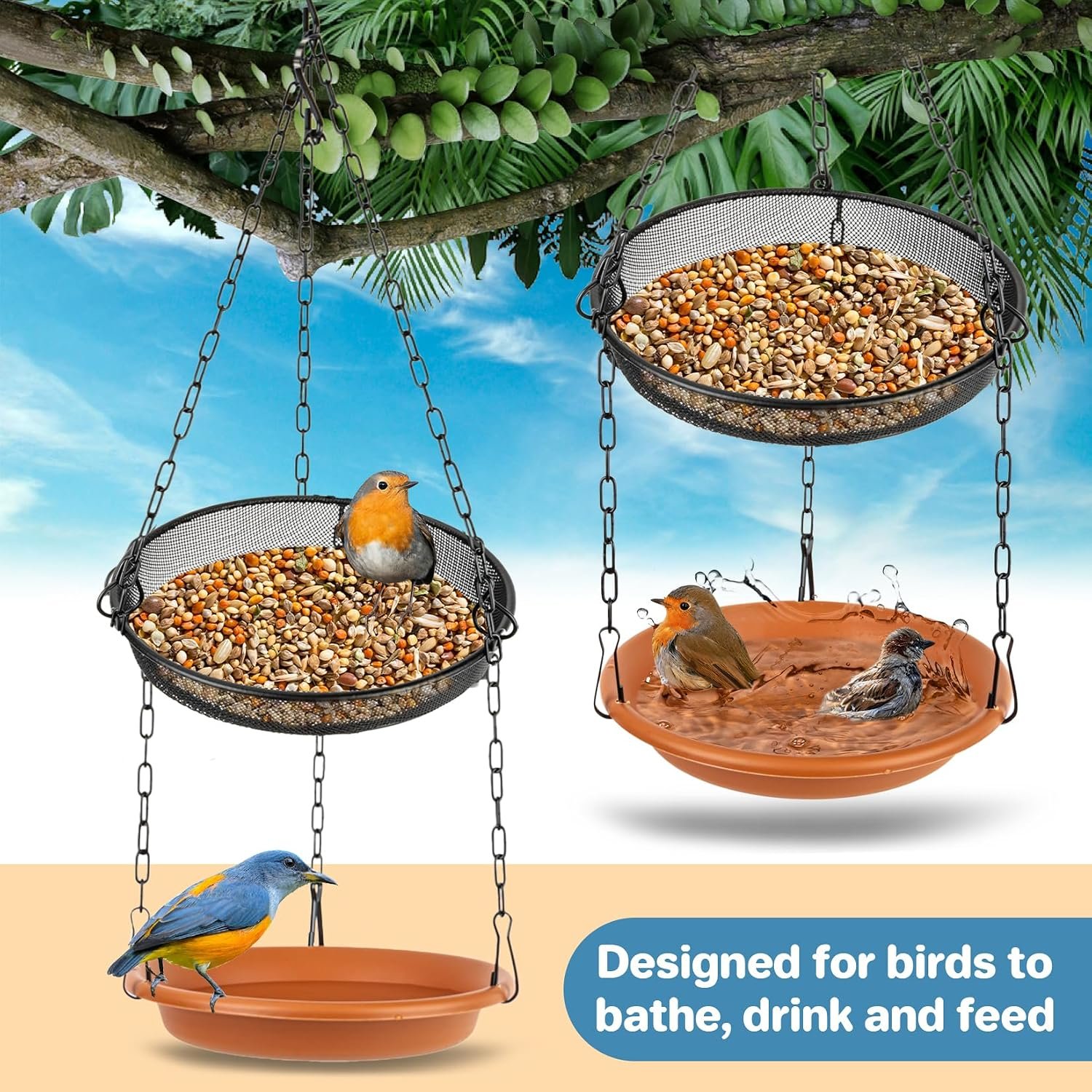 RAINFLOW Hanging Bird Bath Feeder - 2 in 1 Outdoor Water Tray for Backyard | Platform Bird Feeder for Outside Garden Patio, Attracts Wild Birds, Spring Summer Decor, Bird Lover Gift, Easy Hanging Set - Image 4
