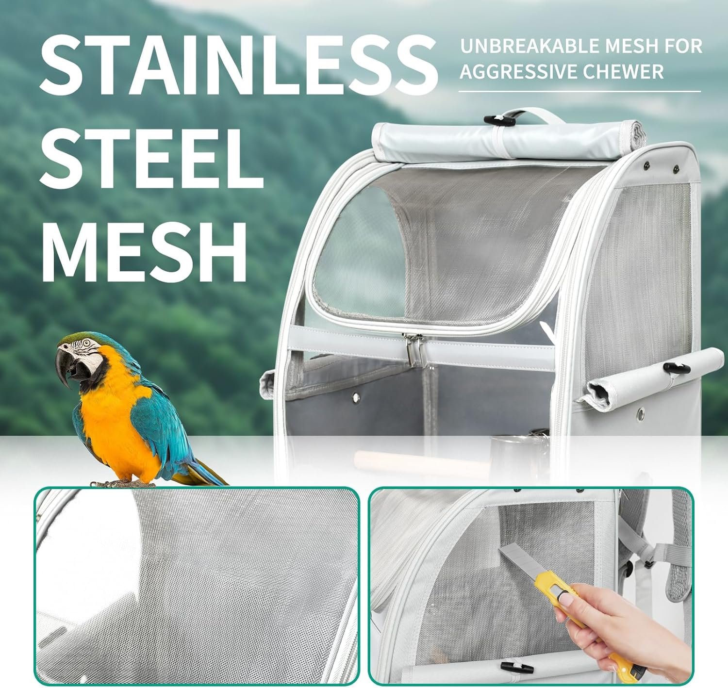Bird Carrier Bag, Bird Travel Cage with Standing Perch and Indestructible Stainless Steel Mesh, Protable Transparent Breathable Carrier with Feeder Cups for Small Birds Parrot Parakeet, Grey - Image 3