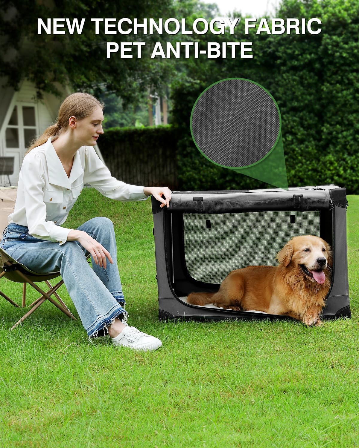 33 x 25 x 25 Inch Collapsible Soft Dog Crate for Dogs Up to 70 lbs, Portable Travel Pet Kennel with 4 Zip Doors, Foldable Indoor Outdoor Crate with Mat, Carry Bag, Grey - Image 6