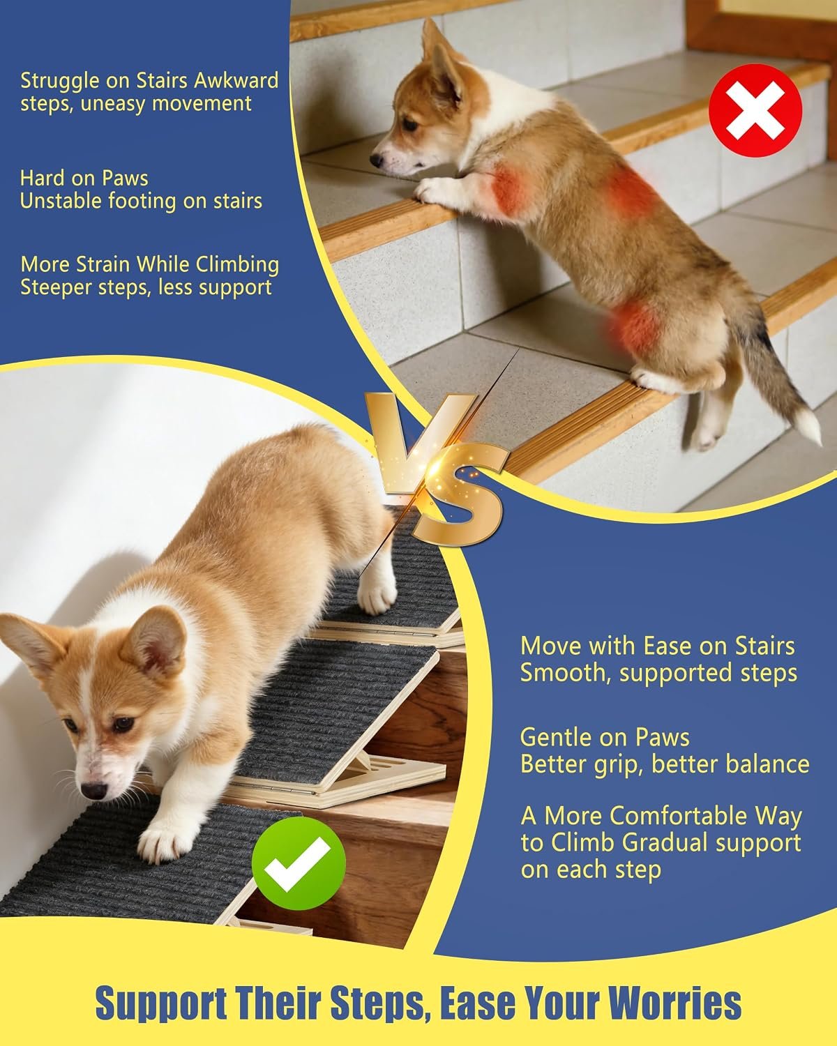 Dog Ramp for Stairs, 2 Pack Wooden Dog Stair Ramps for Small Dogs Only, Foldable Non-Slip Pet Ramp for Indoor Stairs, Adjustable Step Support for Senior, Short-Legged & Small Pets - Image 3