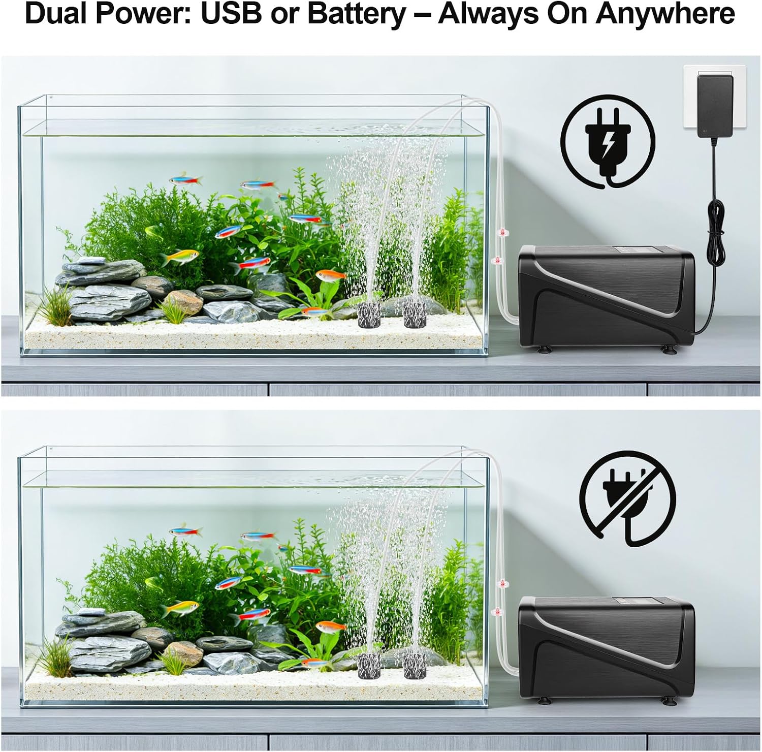 hygger Battery Backup Aquarium Air Pump, Rechargeable Dual-Outlet Fish Tank Oxygen Pump, Quiet Portable Aerator for Outdoor Aquarium (up to 120 Gal) & Fishing, Emergency Power Outage - Image 2