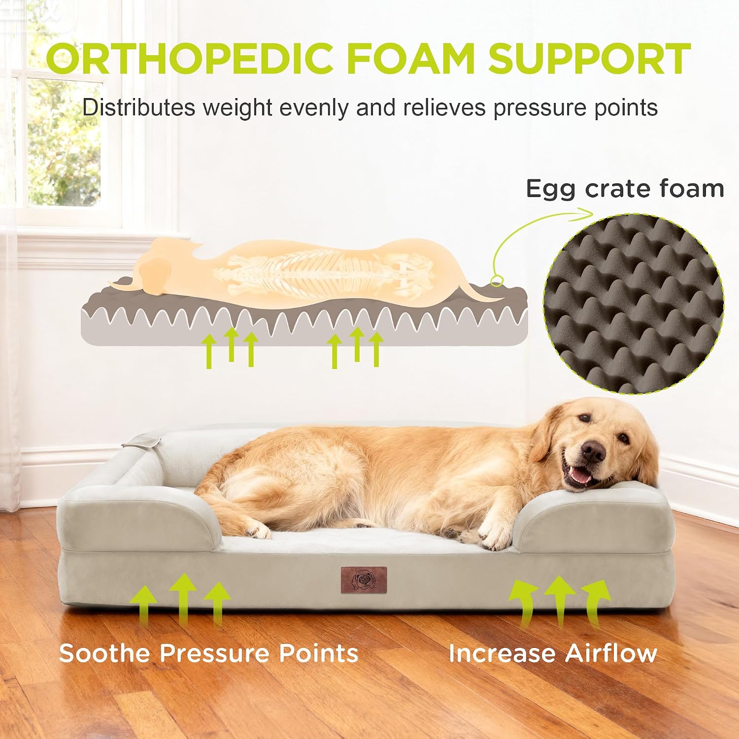 Waterproof Orthopedic Dog Bed for Medium Large Sized Dogs | Memory Foam Pet Bed Sofa with Bolster, Dog Couch with Washable Cover & Non-Slip Bottom, 36x27 Inch, Beige - Image 2