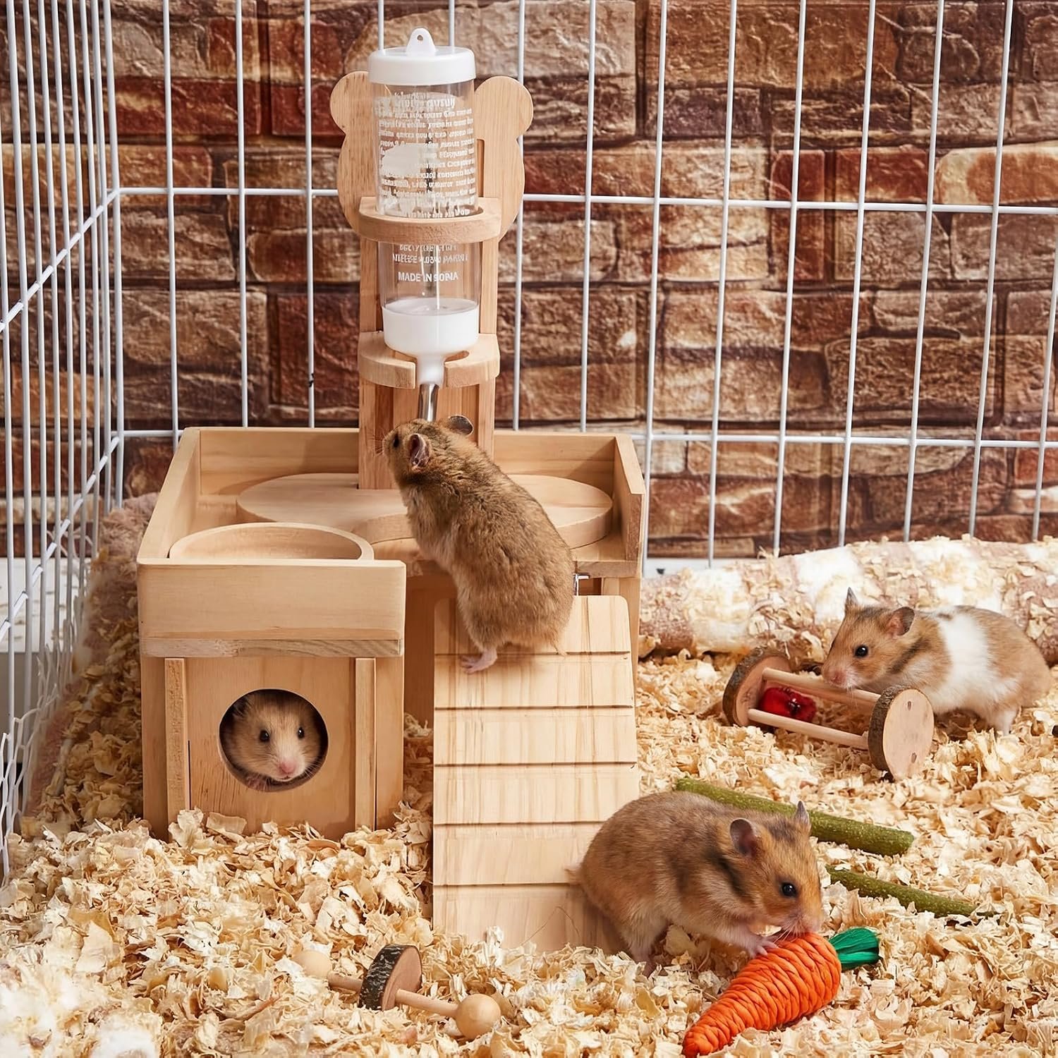 Hamster Cage Accessories, 4 Pcs Wooden Dwarf Hamster Hideout House with Ladder Platform, Feeding Bowl, Water Bottle with Holder Stand for Gerbil Rat Mice Small Animal Habitat Decor - Image 2