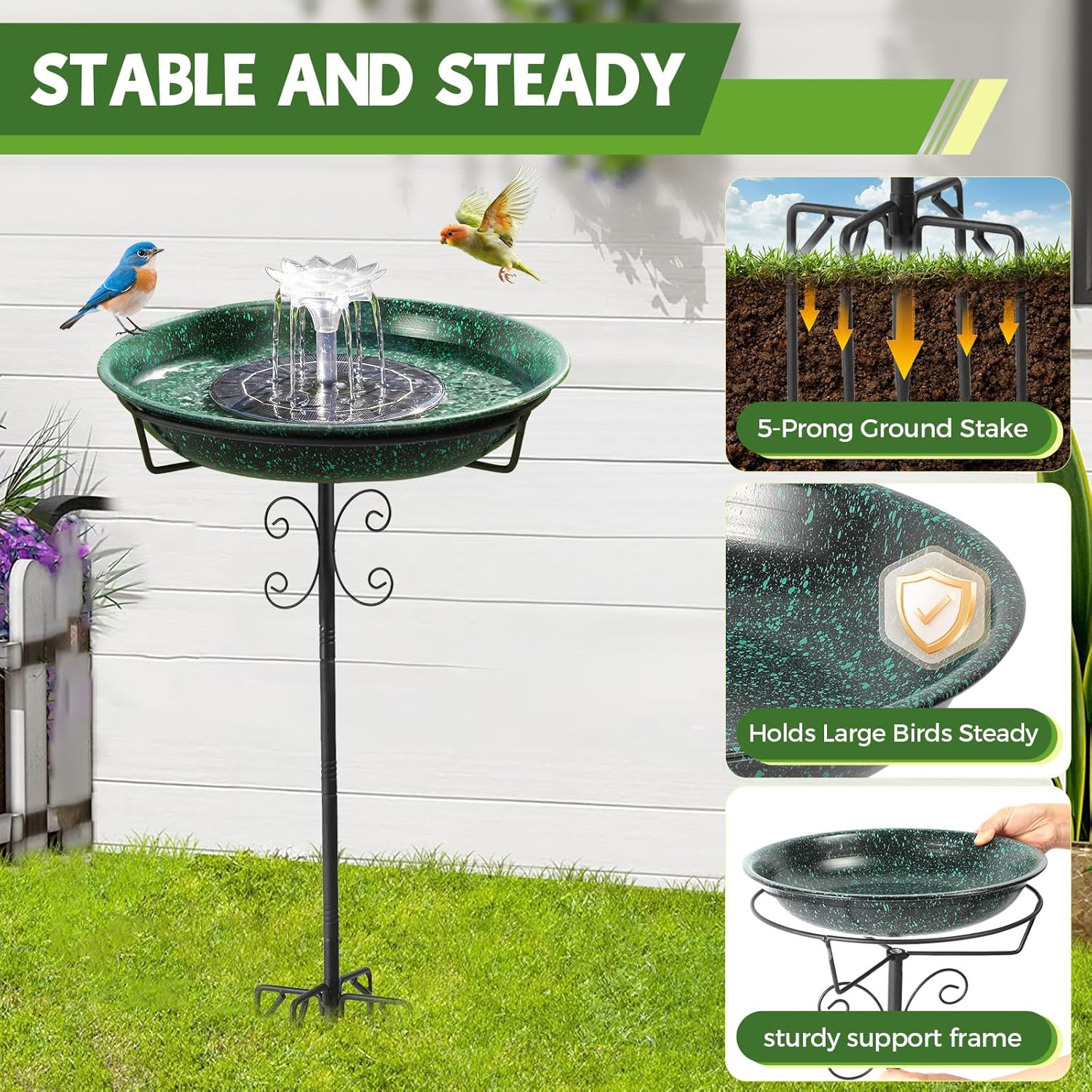 Metal Bird Bath with Solar Fountain for Hummingbirds,Stable Stylish Design with 5-Prong Base Metal Stake Bird Bath for Outside Lawn Patio Yard Garden - Image 4