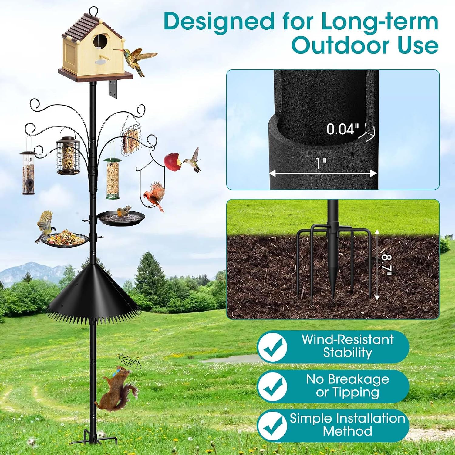 108 Inch Bird Feeder Pole Squirrel Proof, Heavy Duty Bird House Pole, Adjustable Bird Feeder Stand with 5 Shepherds Hooks, 2 Mental Trays, Hummingbird Swing - Image 2
