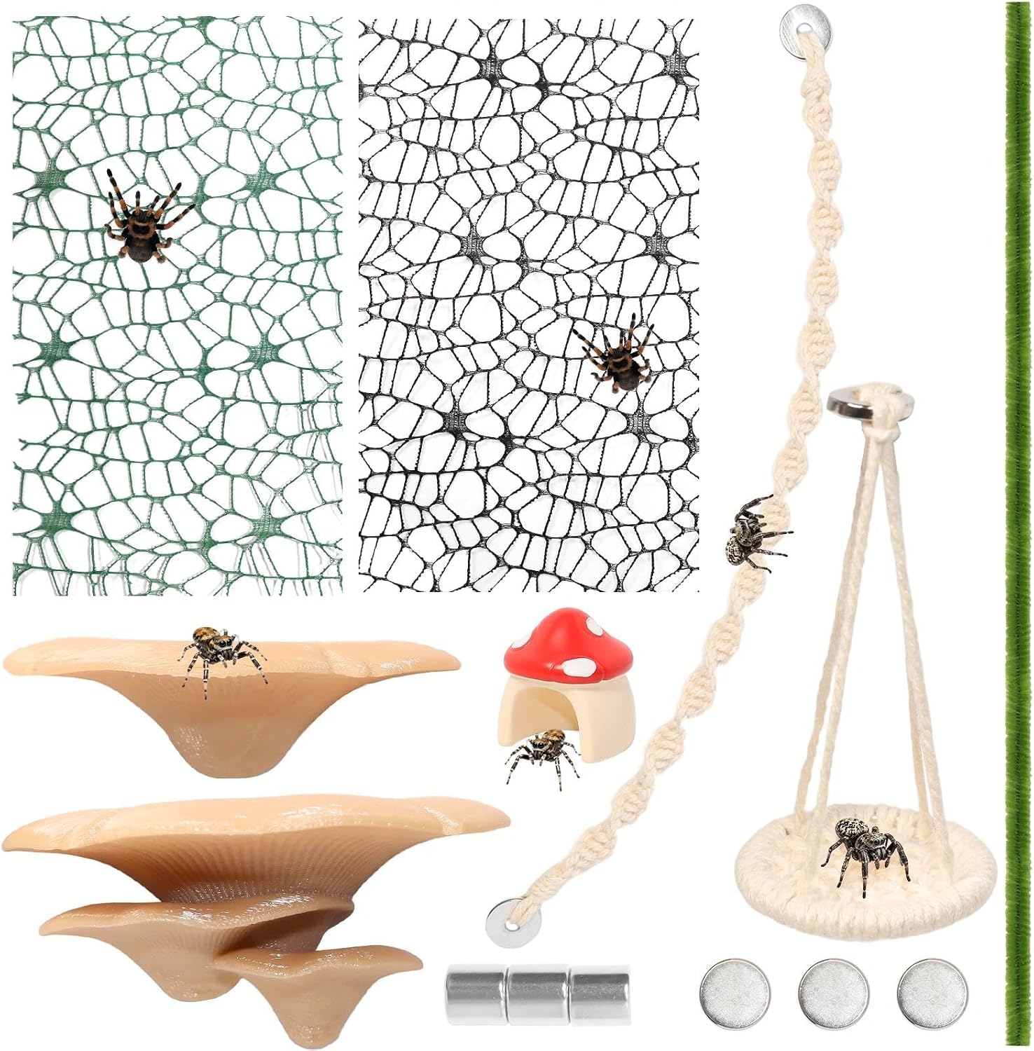 8 Pcs Jumping Spider Hide Enclosure Habitat, Spiders Hideout Climbing Rope Bridge Swings & Web, Mushroom Shelf, Jump Platform with Magnets for Pet Spider Habitat Accessories