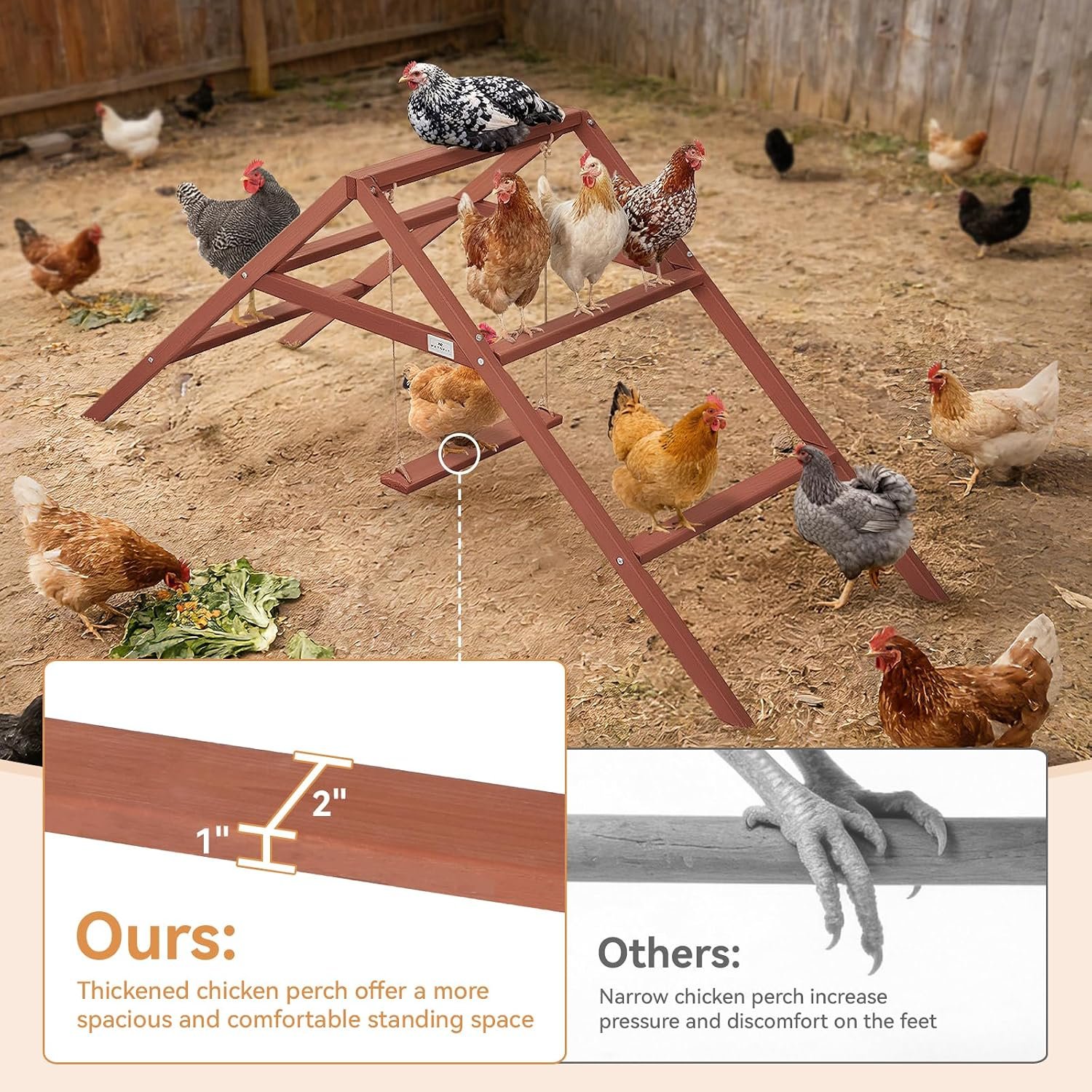 PETSFIT Wooden Chicken Roosting Bars for 10-12 Chickens, Easy Assembly | Solid Fir Wood,Chicken Perch for Outdoor Coops,Backyard Farms ,3-Layers Design with Swing,Promotes Healthy,Easy to Clean - Image 4