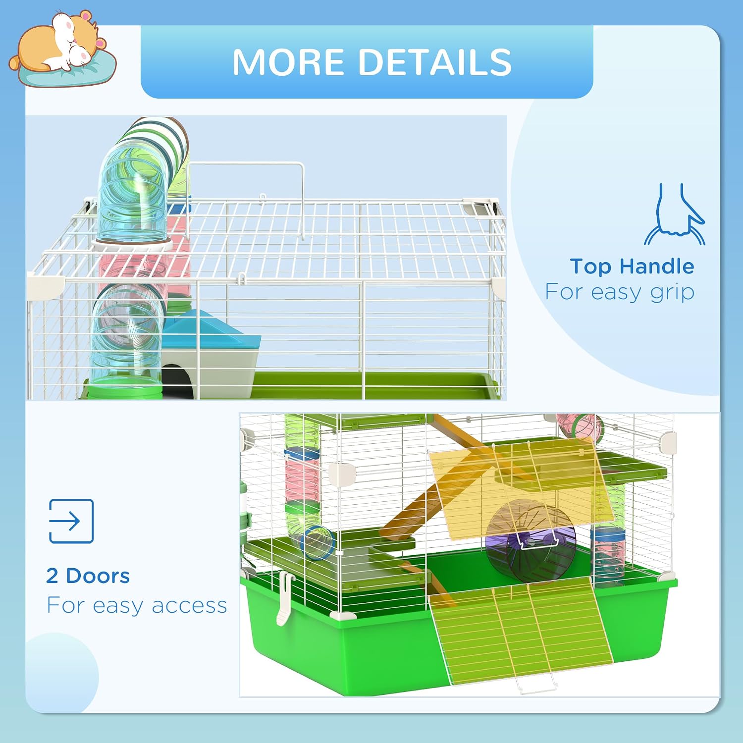 PawHut Extra Large 23" Hamster Cage with Tubes and Tunnels, Portable Carry Handles, Rat House and Habitats Big 5-Tier Design, Mouse Cage Includes Exercise Wheel, Water Bottle, Food Dish, Green - Image 6