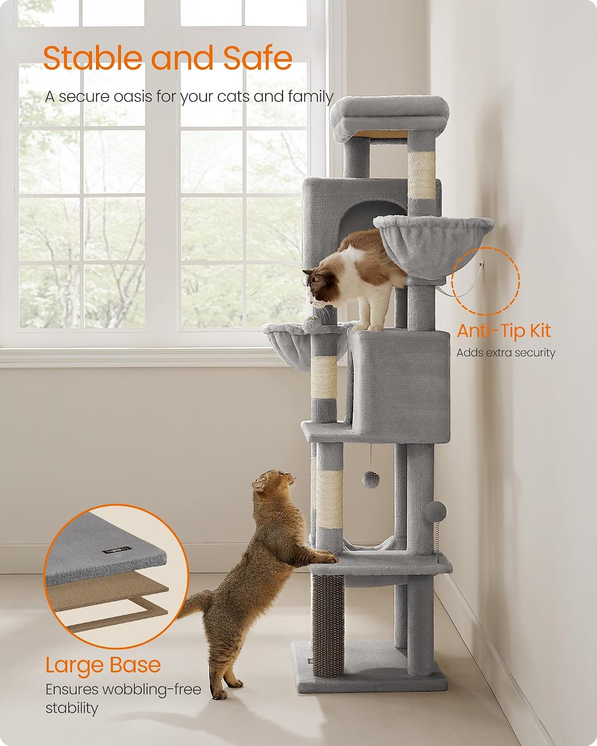 Feandrea Cat Tree, 69-Inch Tall Cat Tower, Multi-Level Plush Condo with 2 Caves, 2 Baskets, 5 Scratching Posts, Self-Groomer, Perch, Hammock, Dove Gray UPCT182G01 - Image 7