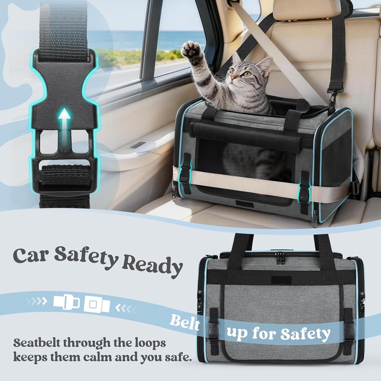 rabbitgoo Cat Carrier Soft with Rollable Flap, Travel Safe for Car Airline | Comfortable for Anxious Kittens, Collapsible Portable Carrying Bag, Small Medium Cats, Escape Proof, Grey, 17"Lx11"Wx11"H - Image 5