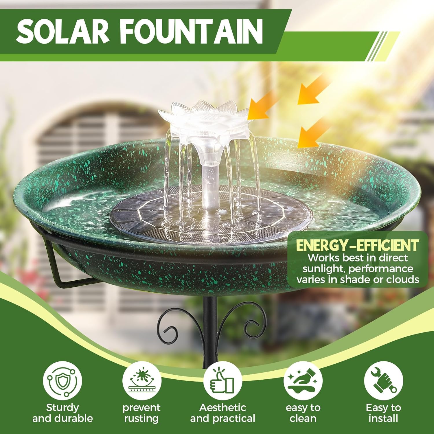 Metal Bird Bath with Solar Fountain for Hummingbirds,Stable Stylish Design with 5-Prong Base Metal Stake Bird Bath for Outside Lawn Patio Yard Garden - Image 2