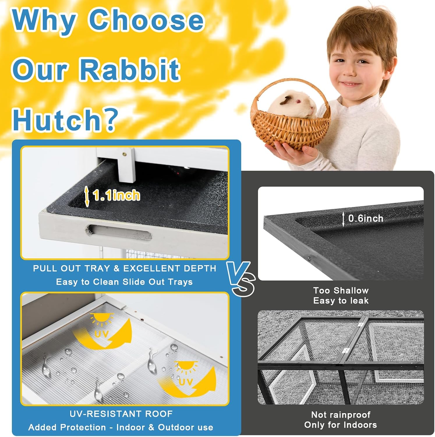 Ketive 48" L Rabbit Hutch Outdoor Indoor Bunny Hutch Weatherproof, 2-Story Wood Rabbit Cage with Deep Tray, Chew-Resistant Ramp, UV Roof, Bunny House for Small Animal, Expandable Guinea Pig Cage - Image 3