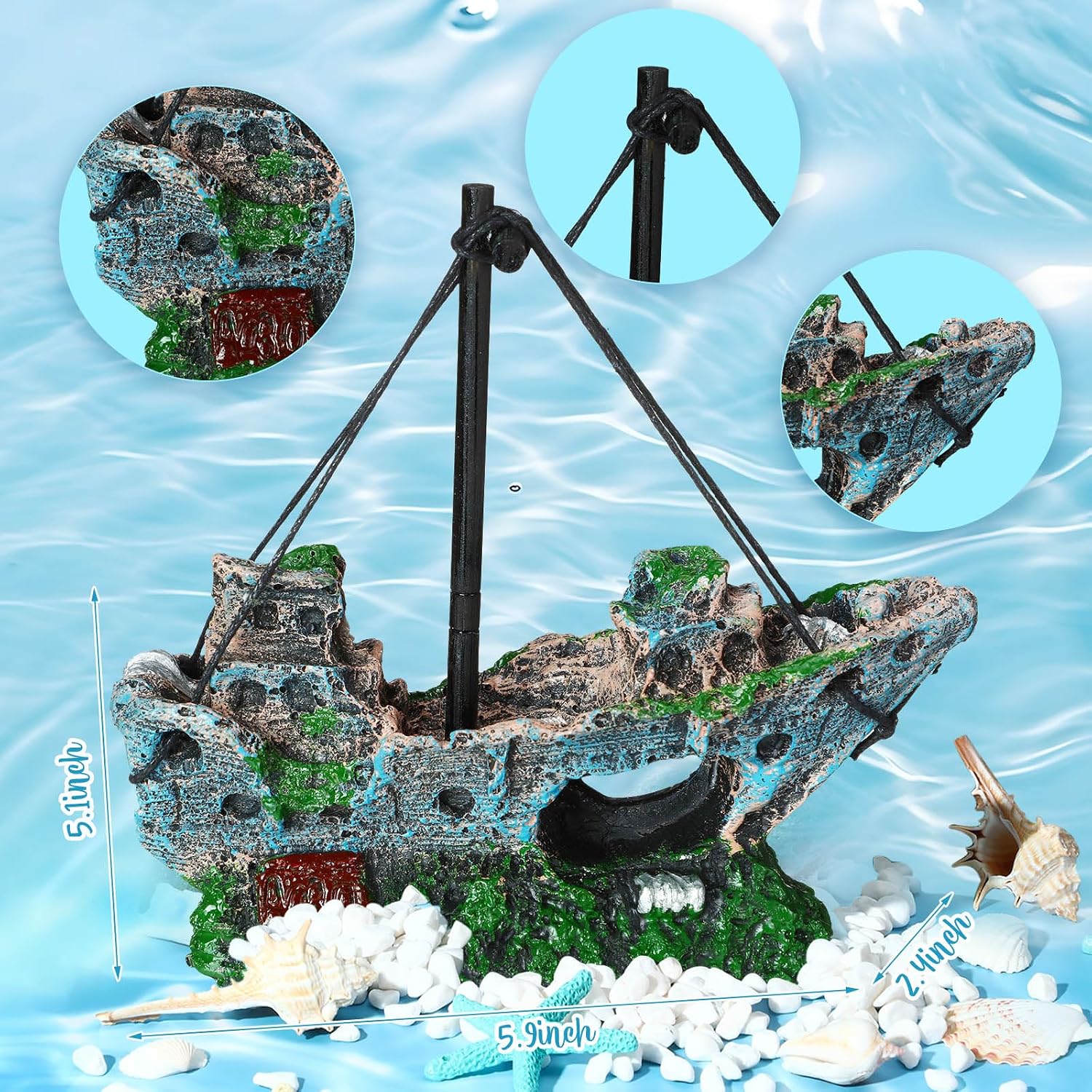 Wenqik Aquarium Decorations Large, Resin Sunken Shipwreck, Undersea Treasure Chest, Ancient Castle Ruins Tunnel House, Simulated Artificial Water Plants, Fish Shrimp Cave Hide for Fish Tank, Safe - Image 5