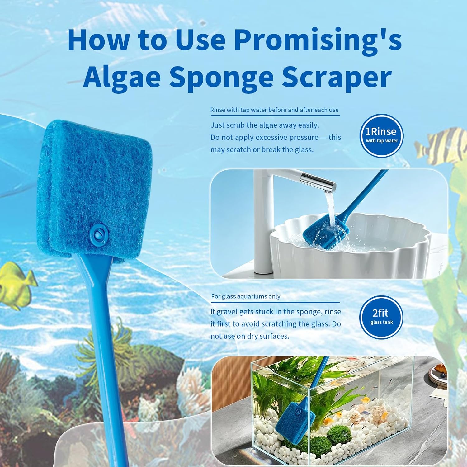 Promising Aquarium Cleaning Brush,Fish Tank Scrubber with Non-Slip Handle - Aquarium Brush Double Sided Sponge Brush - Algae Cleaner Tools with 3 Cleaning Replacement Pads for Aquariums & Home - Image 5