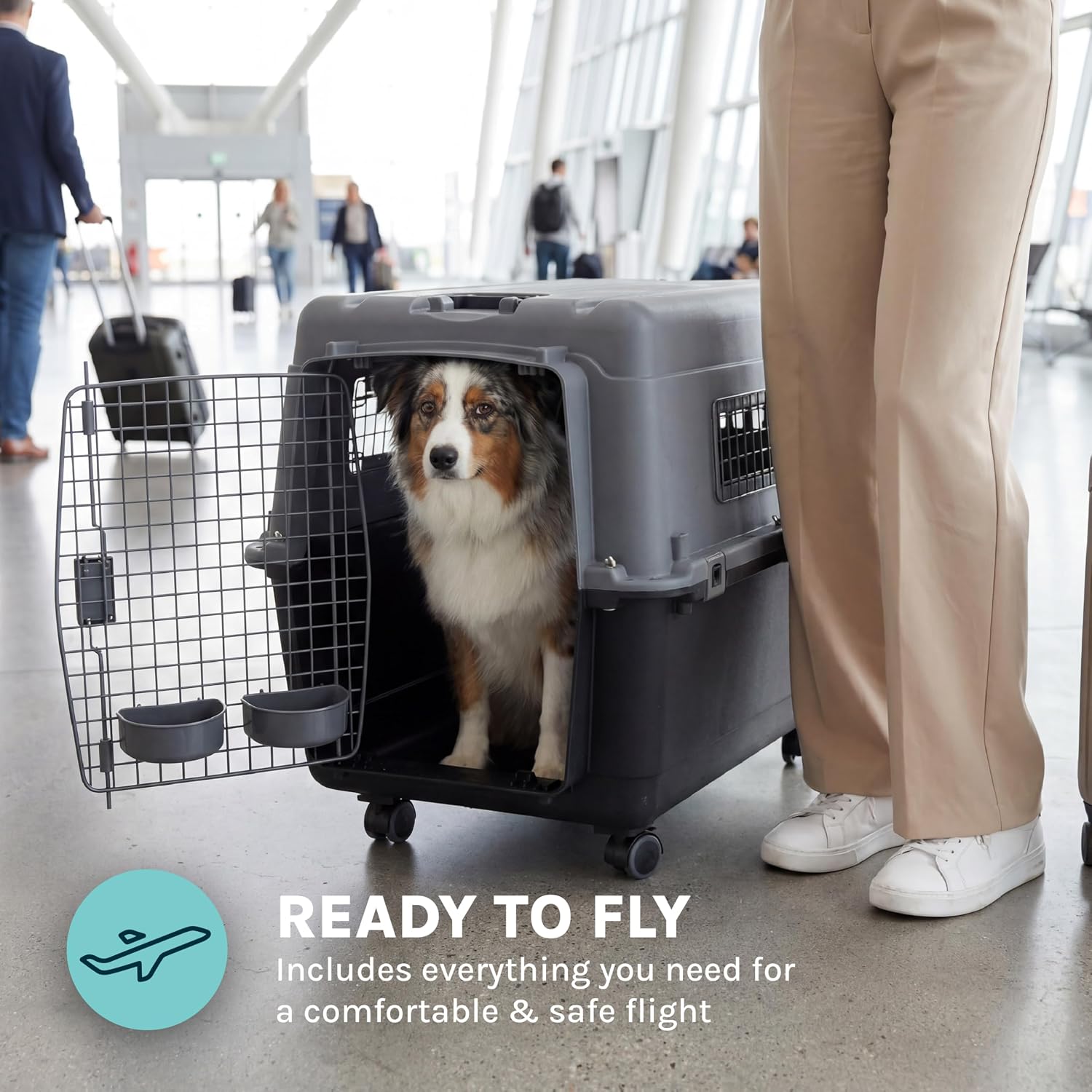 SportPet Airline Compliant LARGE 31.5" Travel Dog Kennel- Durable Plastic Airline Pet Carrier w/ Removable Wheels & Food Bowls, Collapsible Indoor/Outdoor Dog Kennel, Dogs up to 28"L & 20"H-Dark Gray - Image 5