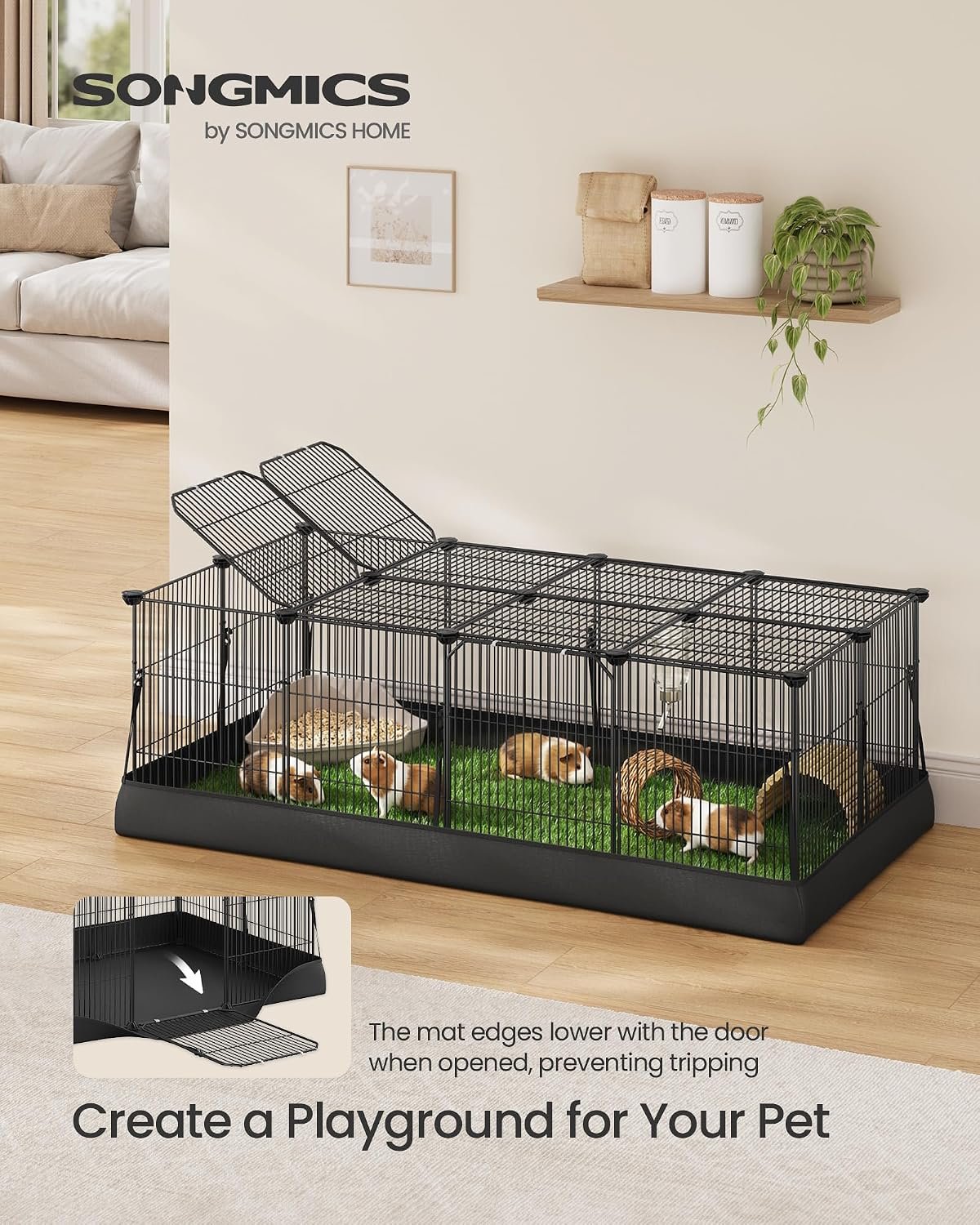 SONGMICS Guinea Pig Cage, Rabbit Cage, Small Animal Playpen with Waterproof Mat, Top and Side Door, 20 Panels, 48.4 x 24.8 x 16.3 Inches, Ink Black ULPI012BH01 - Image 2