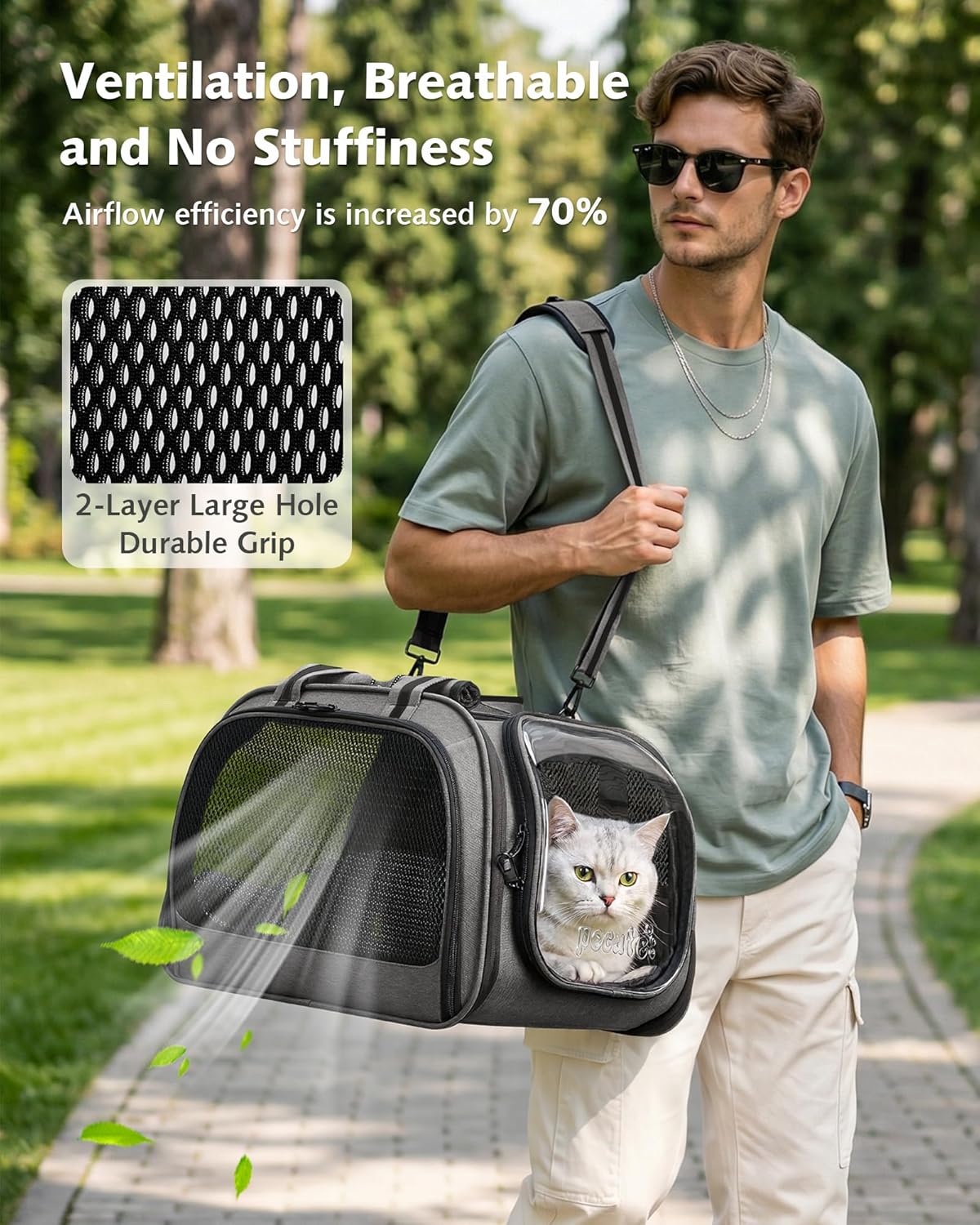 Pecute Cat Carrier with Bubble Window & Sunshade for Dogs Cats, Gray M | Dual bubble windows & top sunshade, 70% more airflow mesh, Impact-resistant stable frame, Locking zippers, Fits up to 11 lbs - Image 5