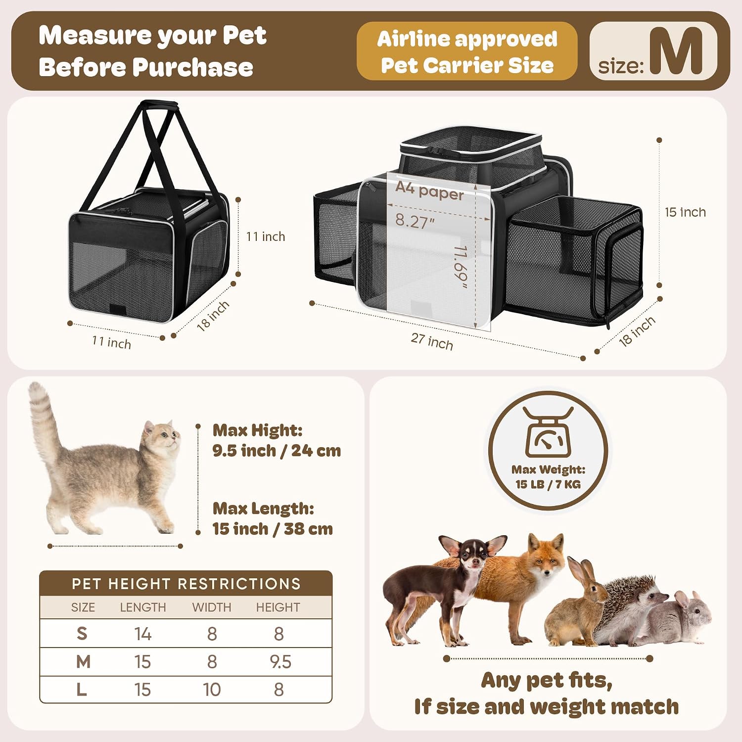 Top and 2 Sides Expandable Cat Carrier 18x11x11, TSA Airline Approved Dog Carriers for Small Dogs, Soft-Sided Pet Carrier with Self-Locking Zippers for Kitten,Rabbit, Puppy, Guinea Pig Black White - Image 4