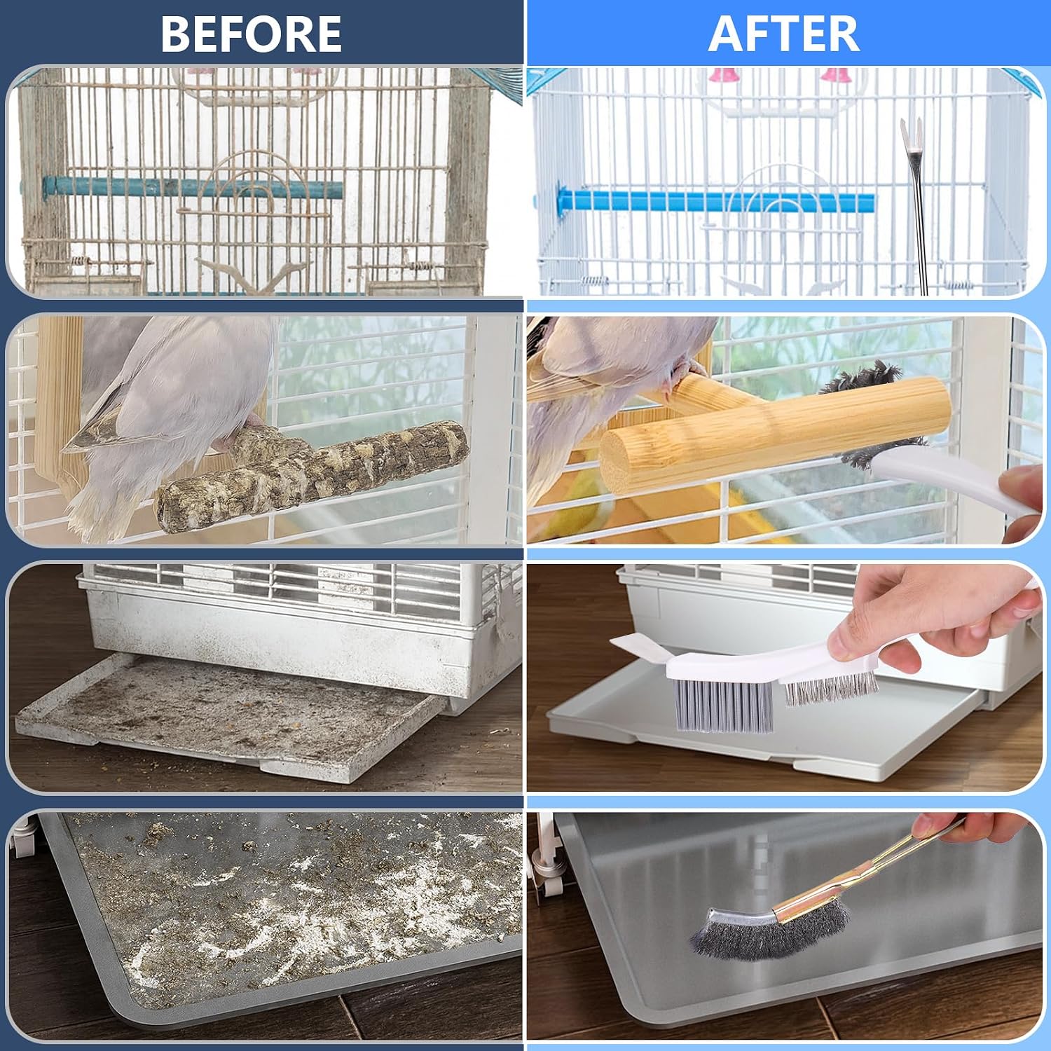 XANGNIER Bird Cage Cleaner Brush Kit,Bird Poop Remover Cleaning Tools Set Accessories for Small,Medium,Large,Tall,Stainless Steel,Parakeet,Budgie,African Grey Parrot,Cockatoo Birds Cage Accessories - Image 2