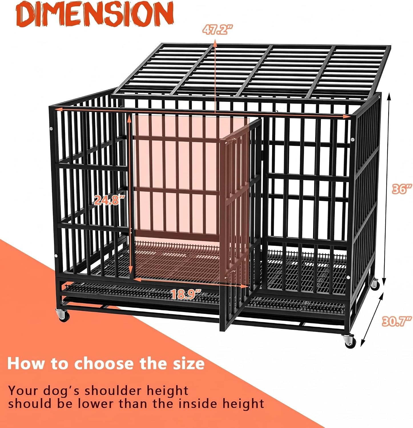 LEMBERI 48" Heavy Duty Dog Crate, Indestructible Escape-Proof Cage Kennel for Large Dogs, High Anxiety Dog Crate with Removable Wire Trays & Lockable Wheels, Extra Large XL XXL, Black - Image 8
