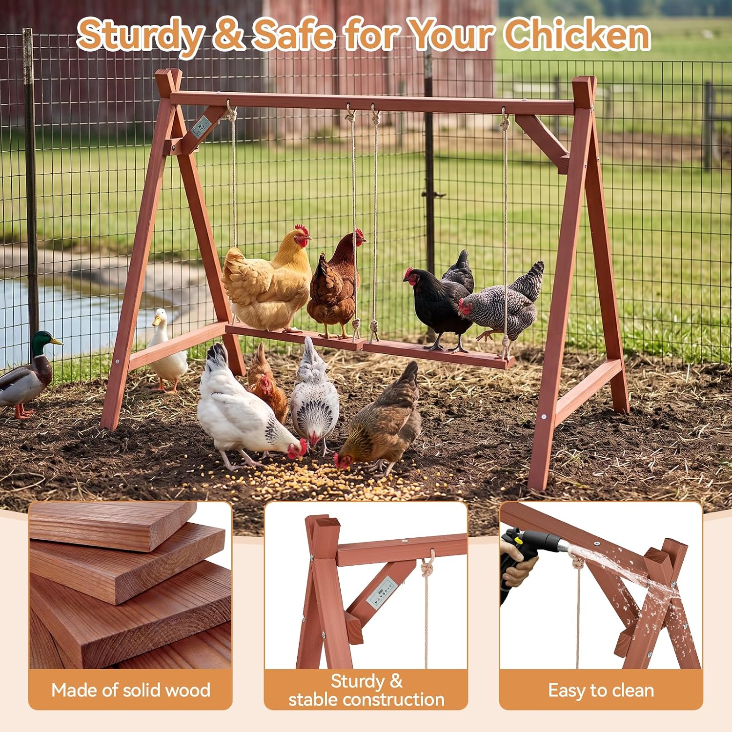 PETSFIT Wooden Solid Chicken Perch & Roosting Bars with 2 Swings, 50"x30"x34" Coop Toy for 6–8 Hens, Multi-Level Stand Encourages Exercise & Natural Behavior, Easy to Assemble & Clean,Outdoor Use - Image 3