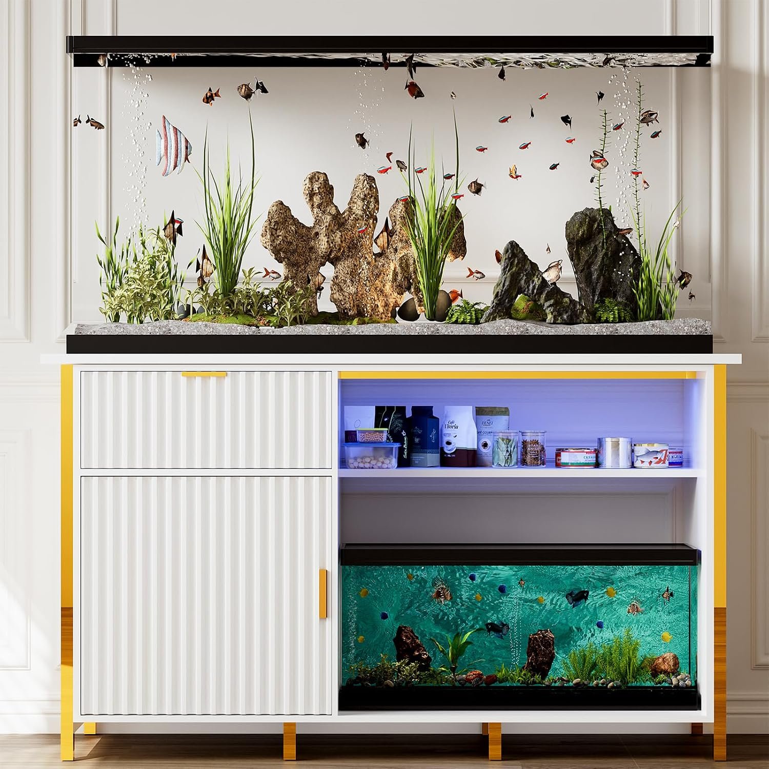 55-75 Gallon Fish Tank Stand, Aquarium Stand with LED Light, White & Gold | 49 x 20 In Top, Modern Fluted Design, 2 Outlets, 2 USB Ports, Shelf Storage, Metal Frame Support, 1100 LBS, Turtle Tank Stand - Image 9