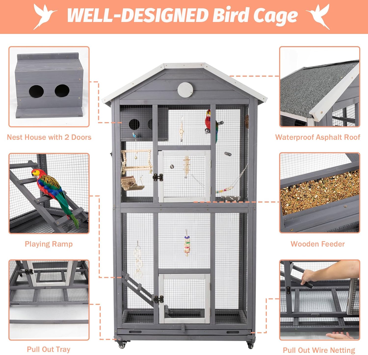 Gowoodhut Outdoor Bird Cage Large, Wooden Flight Aviary with Perches, Nest Habitat, and Easy-Clean Pull Out Tray for Parakeets, Macaws, and More - Image 2
