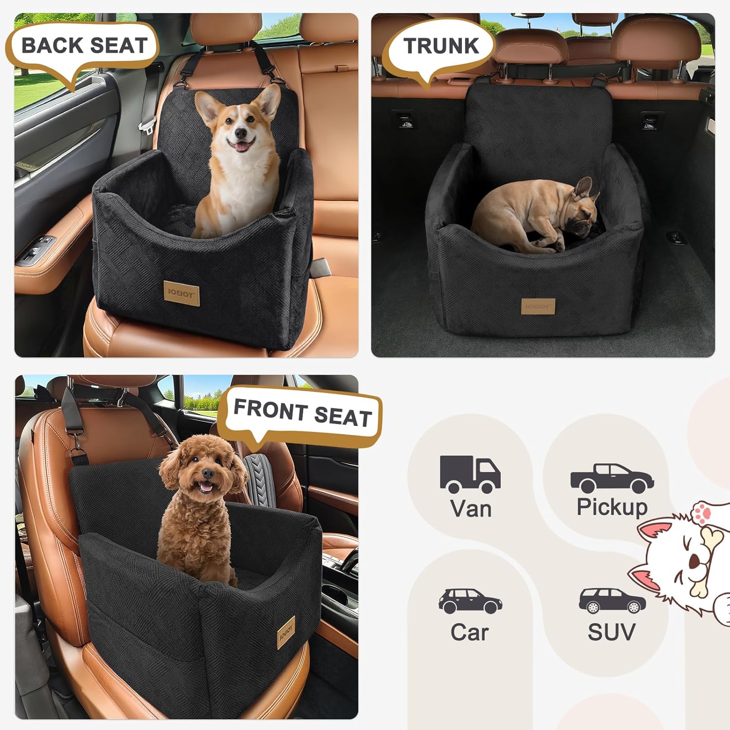 JOEJOY Dog Car Seats for Small Medium Dogs Under 35lbs, Dog Booster Seat with Detachable Washable Cover and Cushion, Memory Foam Pet Car Seat with Safety Belt and Storage Pockets (Black) - Image 6
