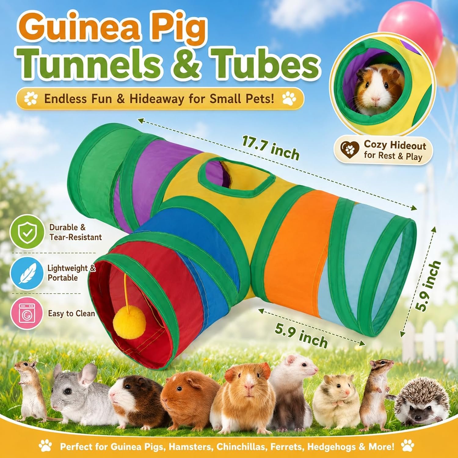 Rypet Guinea Pig Tunnel Hideout 3-Way Collapsible Small Pet Tubes, Rainbow | 3 Way Design for Exploration, Collapsible for Easy Storage, Built-in Play Ball, Hiding & Resting for Hamsters Ferrets - Image 2