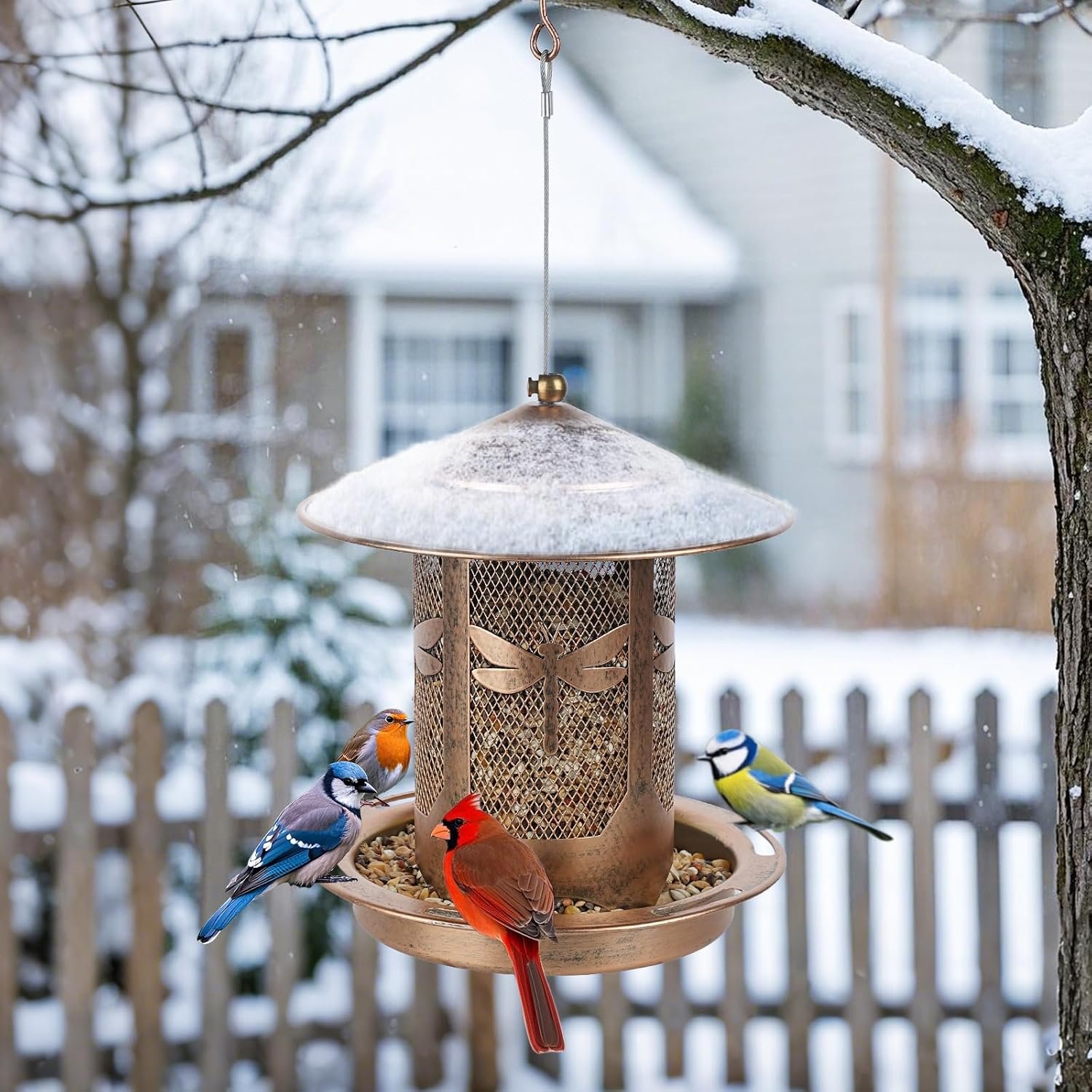 Bird Feeder, Metal Wild Bird Feeders for Outdoors Hanging | Beautiful Birdfeeders with Dragonfly Pattern for Outside Garden Patio Decors - Image 9