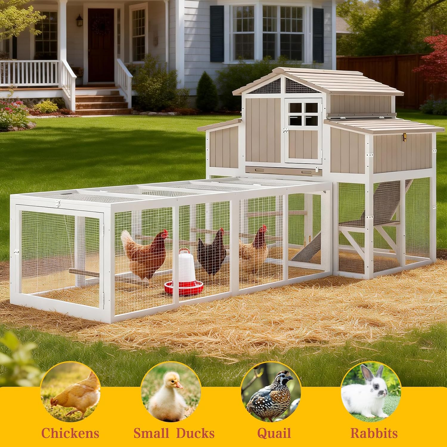 Large Chicken Coop and Run, Wooden Hen House with 4 Sectionable Nesting Boxes, Poultry Duck House for 4-10 Chickens with 5 Perches, Pull-Out Tray and Ramp, Grey - Image 7