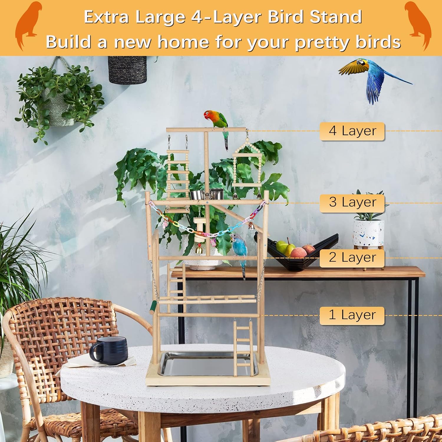 4 Layers Wood Pet Parrot Playstand | Bird Playground, Perch Gym Playpen, Ladder with Feeder Cups Bells, For Cockatiel Parakeet - Image 5