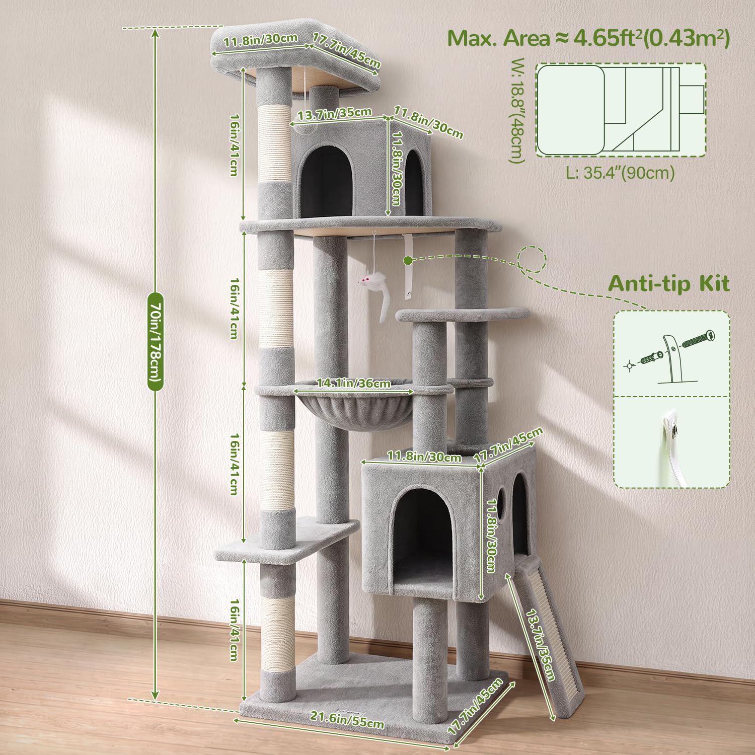 Globlazer Heavy Duty Cat Tree, 70 inch Sturdy Cat Tree for Indoor Cats Extra Large Cat Tower with Scratching Post, Hammock, Cat Condo for Adult Cats Kittens, F70 Pro, Light Grey - Image 6