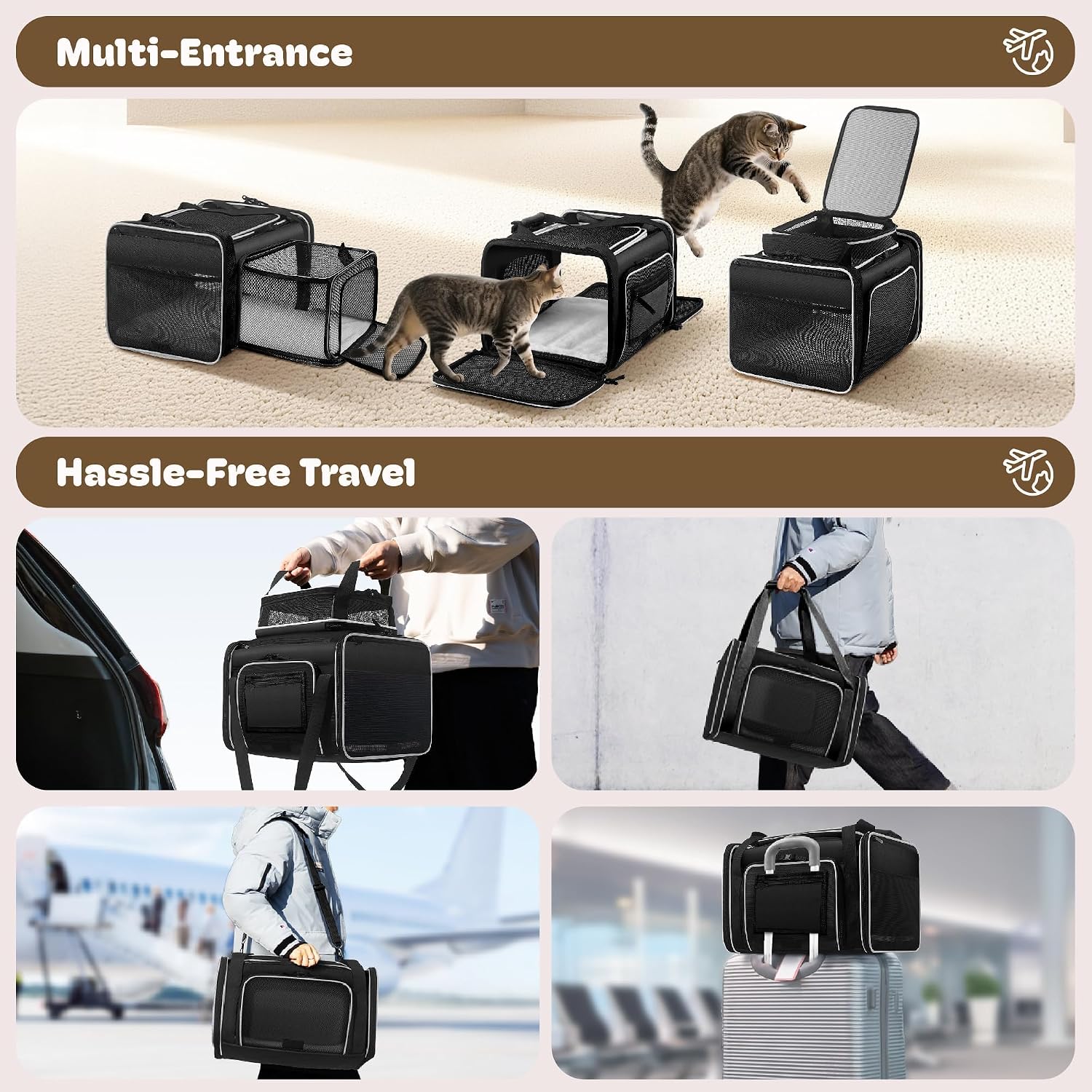 Top and 2 Sides Expandable Cat Carrier 18x11x11, TSA Airline Approved Dog Carriers for Small Dogs, Soft-Sided Pet Carrier with Self-Locking Zippers for Kitten,Rabbit, Puppy, Guinea Pig Black White - Image 6