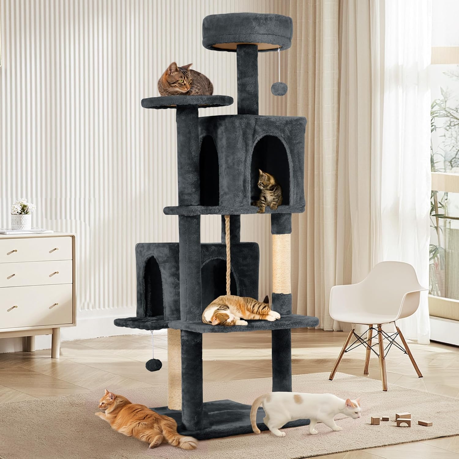 58.5inch Large Cat Tree Tower Condo for Indoor Cats, Soft Plush Multi-Level Climbing Tree Cat House with Cat Cave, Scratching Post, More Entrance/Exit, Sisal Rope, Grey Black - Image 6