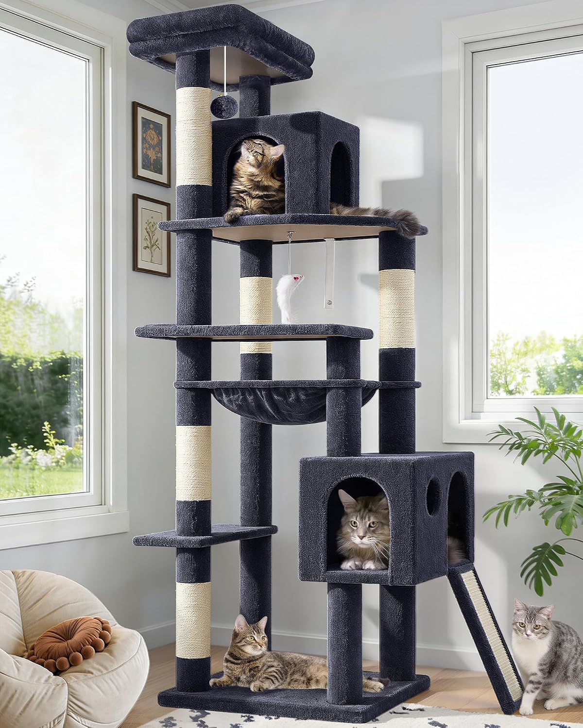 Globlazer Heavy Duty Cat Tree, 70 inch Sturdy Cat Tree for Indoor Cats Extra Large Cat Tower with Scratching Post, Hammock, Cat Condo for Adult Cats Kittens, F70 Pro, Dark Grey