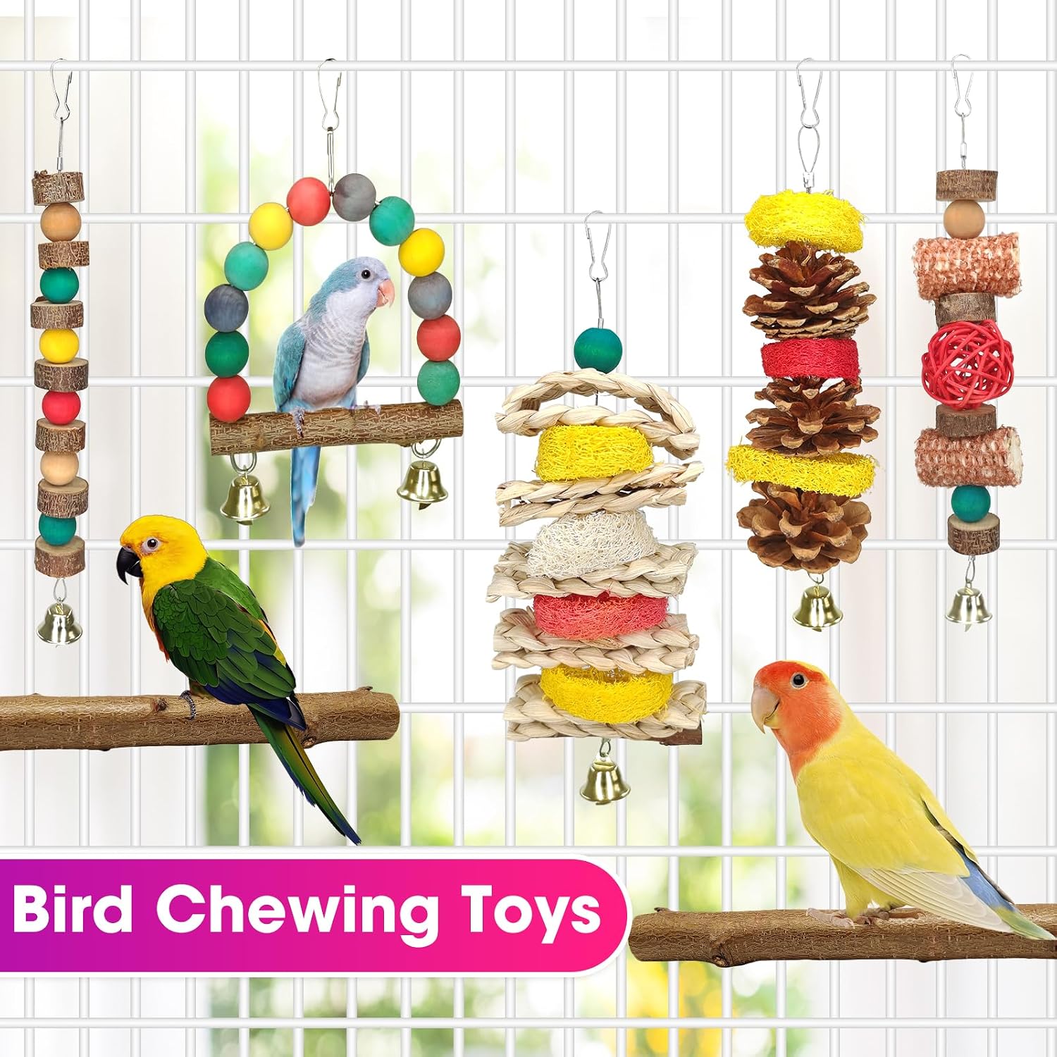 JOREWOOD 7 Pcs Natural Wood Bird Toy & Perch for Parakeets, Cockatiel & Lovebird, Budgie Play Accessory for Small Parrots Indoor Cage - Image 3