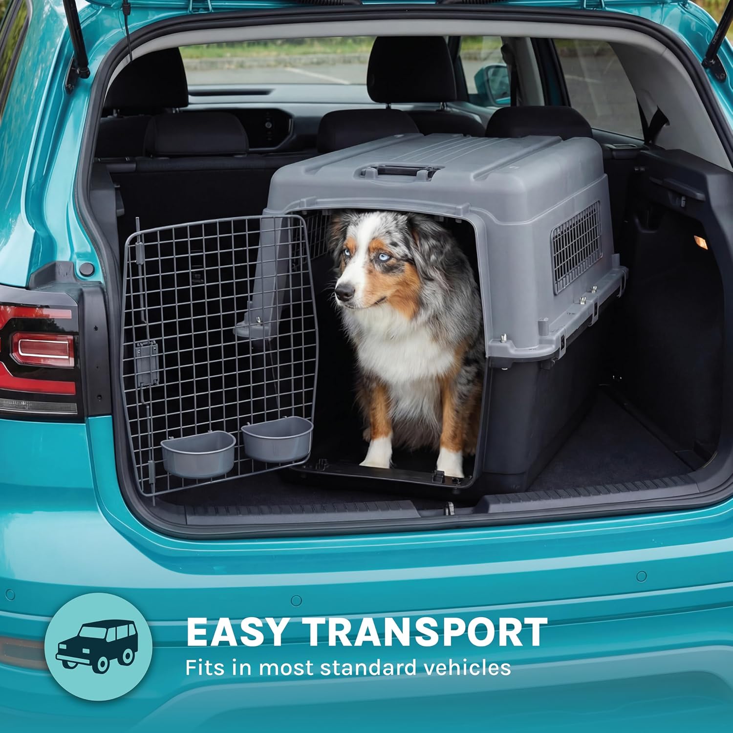 SportPet Airline Compliant LARGE 31.5" Travel Dog Kennel- Durable Plastic Airline Pet Carrier w/ Removable Wheels & Food Bowls, Collapsible Indoor/Outdoor Dog Kennel, Dogs up to 28"L & 20"H-Dark Gray - Image 9