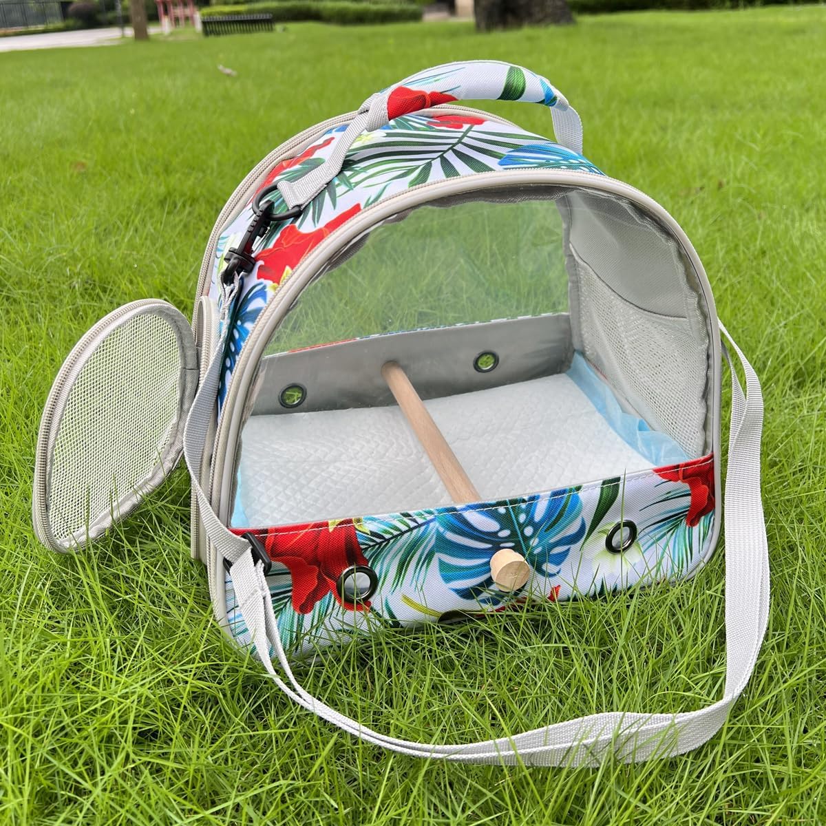 Portable Small Bird Travel Carrier Cage with Stand Perch, Bird Carrier to Carry Parakeet Budgies Parrot Cockatiel Conure Outdoor, Front Clear Window with Floral Printing - Image 5