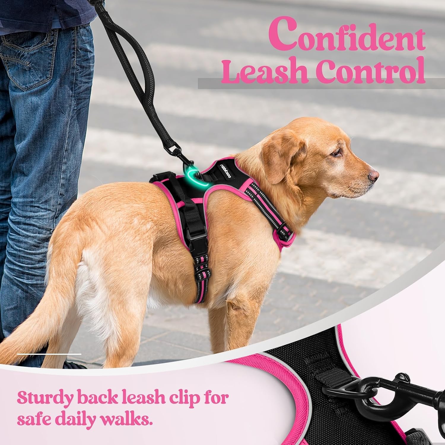 rabbitgoo Dog Harness No Pull with 2 Leash Clips, Adjustable Soft Padded, Reflective Oxford No Choke Pet Vest with Easy Control Handle for Large Dogs, Black & Hot Pink, L - Image 6