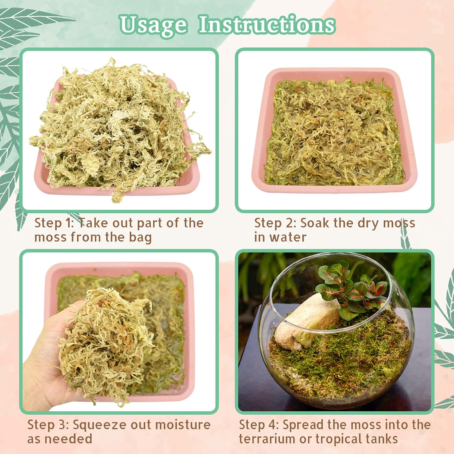 Riare 20QT Natural Sphagnum Moss for Reptiles 14OZ Terrarium Reptiles Moss | Dried Terrarium Moss Bedding for Snakes Turtles Frogs Geckos Ball Pythons Lepard Gecko Lizards Bearded Dragon & Humid Hides - Image 4