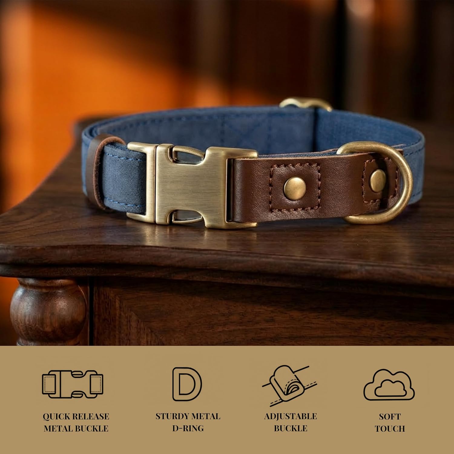 Didog Soft PU Leather Dog Collars for Medium Dogs,Classic Adjustable Dog Collars with Quick Release Metal Buckle,Easy Clean and Comfortable with Nylon Lining,Blue,M Neck 14-19" - Image 4