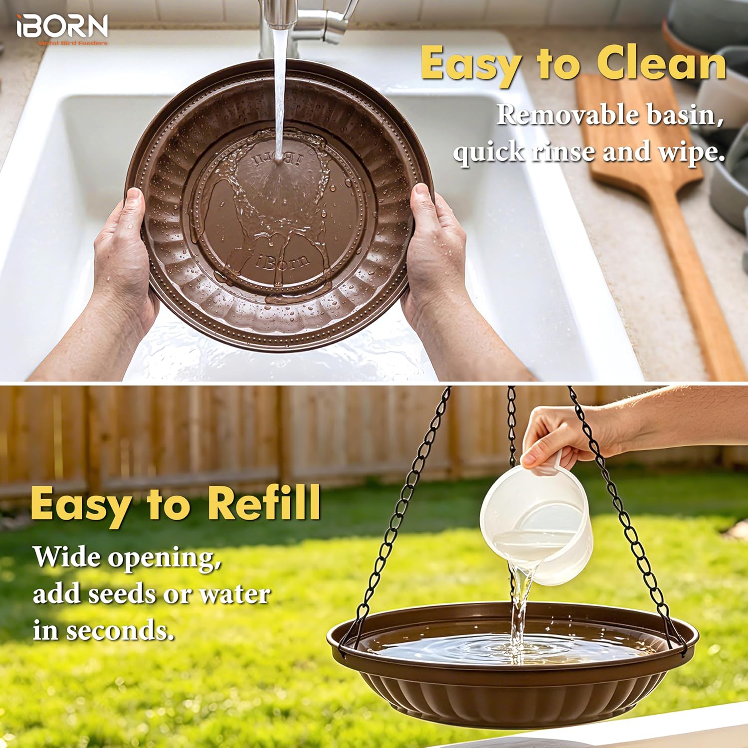 iBorn Hanging Metal Bird Bath Feeder Tray, 1.5L All Metal Wild Birdbath for Outdoor Backyard Garden, Squirrel Chew Proof Rust Resistant for Wild Birds, Bronze, Pack of 1 - Image 9