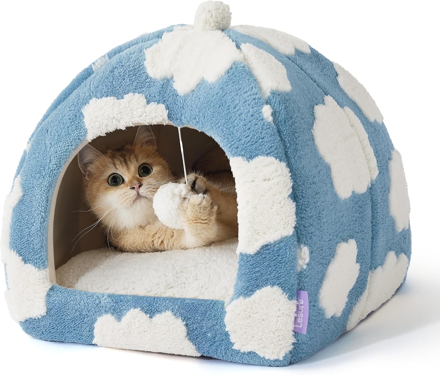 Lesure 2in1 Cute Cat House for Kitten with Washable Cushioned Pillow,16in | Cat Beds for Indoor Cats,Small Pet Cave Tent,Cozy Enclosed Foldable Hideaway,Fluffy Ball,Anti Slip Bottom,Hand Strap,Blue
