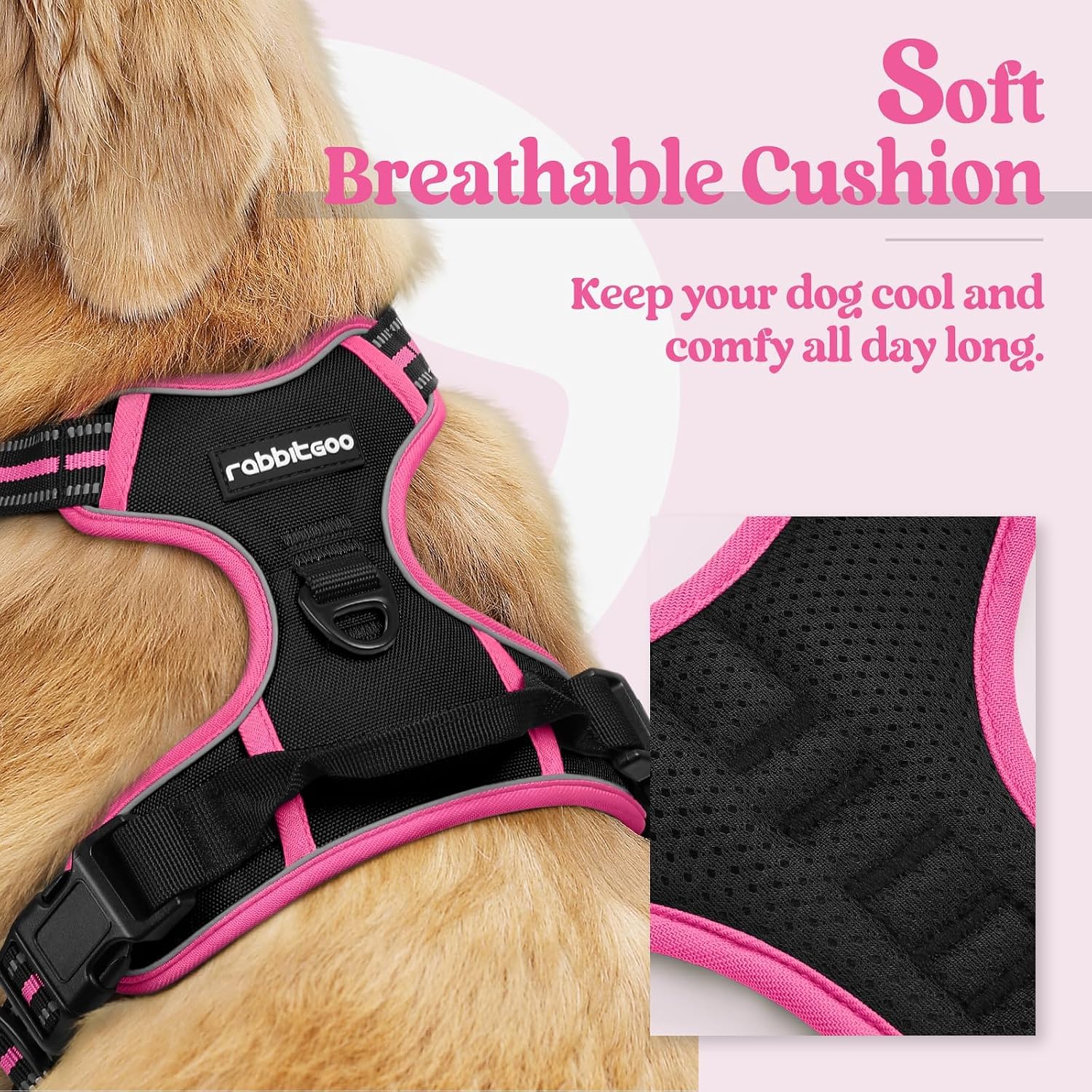 rabbitgoo Dog Harness No Pull with 2 Leash Clips, Adjustable Soft Padded, Reflective Oxford No Choke Pet Vest with Easy Control Handle for Large Dogs, Black & Hot Pink, L - Image 2