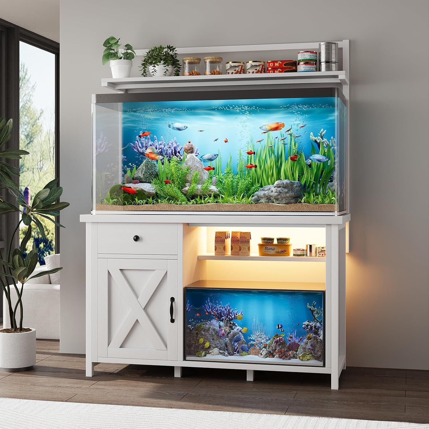 55-75 Gallon Fish Tank Stand with Power Outlet, Led Light, Heavy Duty Aquarium Stand with Cabinet for Fish Tank Accessories Storage, Shelf, for Turtle Tank, Reptile Terrarium, 1100 LBS (White) - Image 3