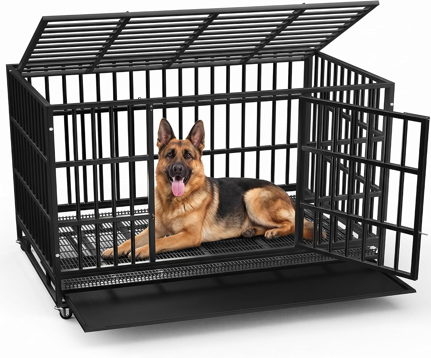 LEMBERI 48" Heavy Duty Dog Crate, Indestructible Escape-Proof Cage Kennel for Large Dogs, High Anxiety Dog Crate with Removable Wire Trays & Lockable Wheels, Extra Large XL XXL, Black