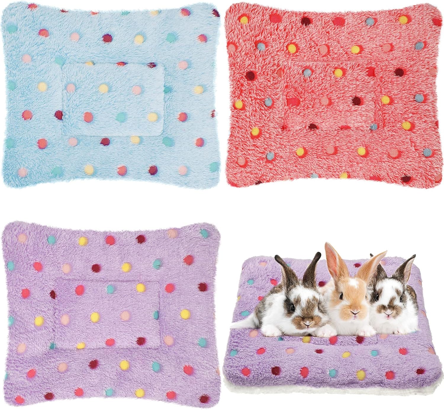 Jetec 3 Pcs Bunny Guinea Pig Beds Soft Bunny Mats Warm Guinea Pig Mat Small Animal Bed Pads Fleece Sleeping Pads for Indoor Rabbit Hamster Squirrel Hedgehog Chinchilla(Fleece,Dots,Red)